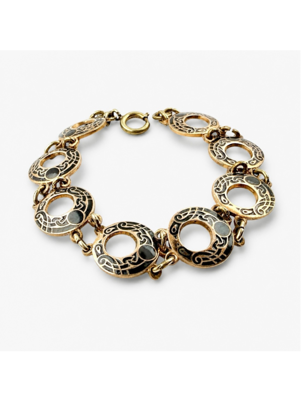 Vintage Mid Century Gold Tone Black Enamel Link Bracelet, 1950s 1960s Greek